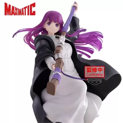 Figura anime com cabelo e olhos roxos segurando bastão, roupa branca e capa preta, texto MAXIMATIC e Confirming em fundo branco