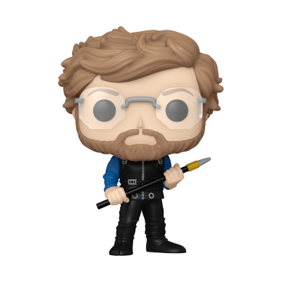 Figura colecionável Funko Pop de personagem masculino com cabelo e barba castanhos e óculos
