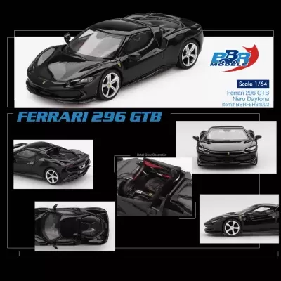 Miniatura de Ferrari 296 GTB preto com interior detalhado e rodas prateadas escala 1/64