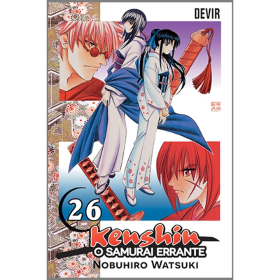 Capa do manga Kenshin o Samurai Errante Volume 26 com ilustrações de personagens e espadas