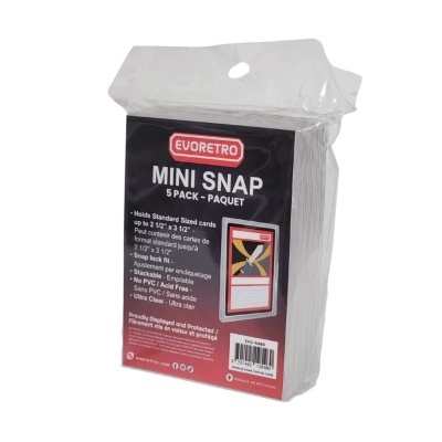 Pacote de cinco capas protetoras EVORETRO MINI SNAP para cartas com embalagem plástica e texto explicativo.
