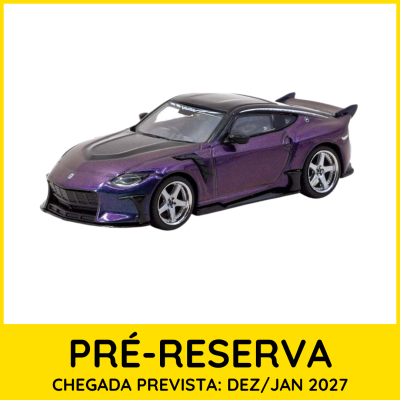 Miniatura de carro desportivo roxo e preto com texto de pré-reserva