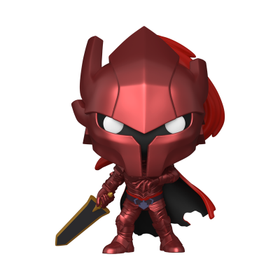 Figura colecionável com armadura vermelha, capacete e espada