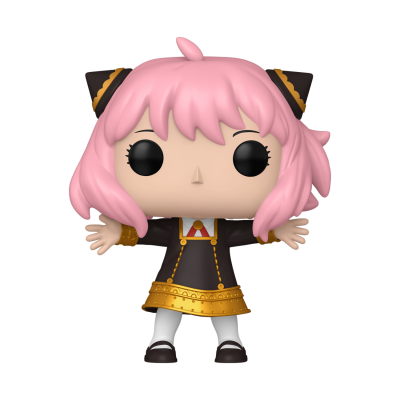 Figura colecionável tipo Funko Pop com cabelo rosa e roupas castanhas e douradas