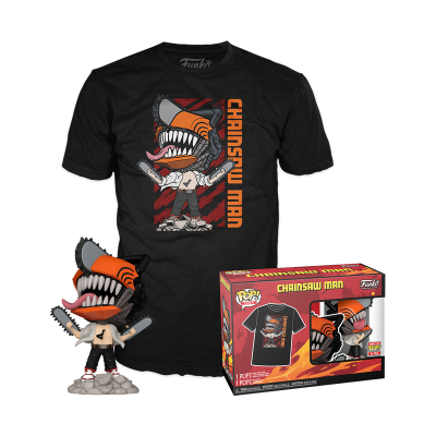 Conjunto Chainsaw Man com t-shirt preta, boneco Funko Pop e caixa