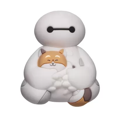 Figura de Baymax branco a segurar um gato laranja sorridente