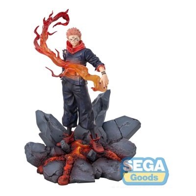 Estátua de personagem com efeito de fogo sobre base de pedras rachadas