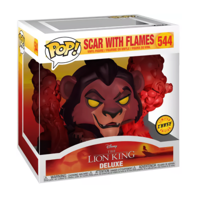 Figura Pop! vinil Disney Scar with flames na embalagem branca, amarelo e vermelho número 544