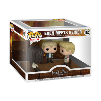 Caixa de figuras vinyl Pop! Moment Eren Meets Reiner Attack on Titan com três personagens.