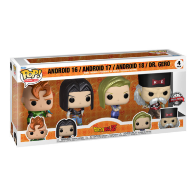Conjunto Funko Pop! Dragon Ball Z com Android 16, 17, 18 e Dr. Gero em caixa