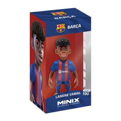 Figura colecionável Minix de Lamine Yamal com equipamento do FC Barcelona em embalagem azul e vermelha