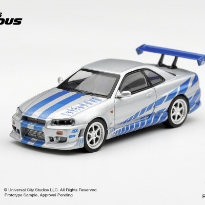 Miniatura modelo carro desportivo prata e azul Fast & Furious