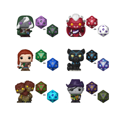 Seis figuras colecionáveis Funko Pop com dados coloridos