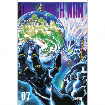 Capa do livro One Punch Man volume 07 com personagem azul metálico segurando planeta Terra