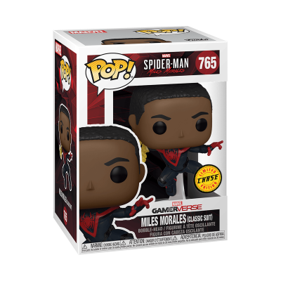 Figura Funko Pop! de Miles Morales com fato clássico na caixa com janela transparente.