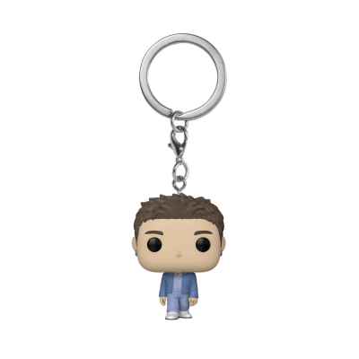 Chaveiro Funko Pop personagem masculino com roupa azul e cabelo castanho
