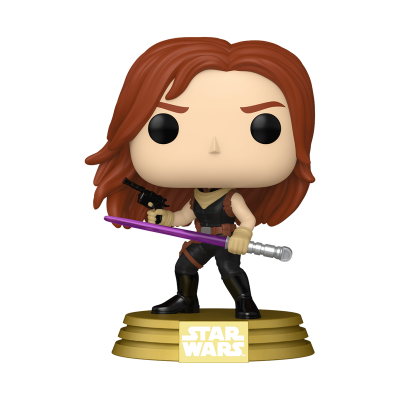 Figura Funko Pop feminina com sabre de luz roxo e arma, base com texto STAR WARS