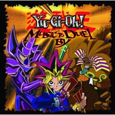 Capa do jogo Yu-Gi-Oh! Music to Duel By com três personagens no fundo laranja e amarelo