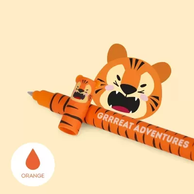 Caneta em forma de tigre laranja com capa e palavras GRRREAT ADVENTURES