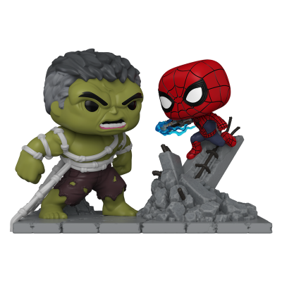 Figuras de vinil estilizadas do Hulk e Homem-Aranha em cenário de destroços.