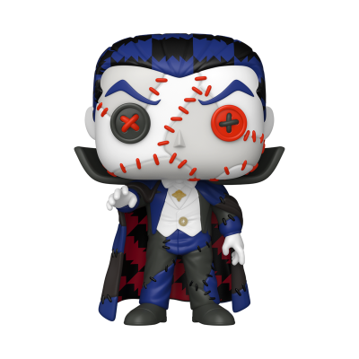 Boneco Funko Pop de vampiro com rosto branco, olhos de botões e traje azul e preto