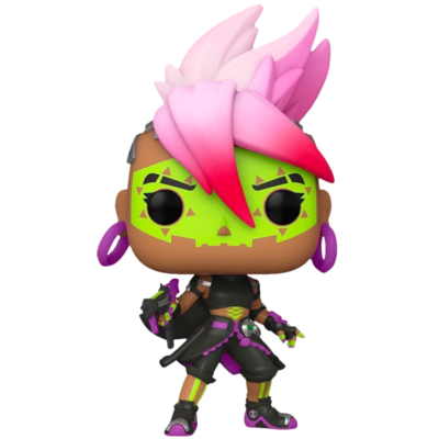 Figura colecionável tipo Funko Pop com cabelo rosa e rosto pintado de verde