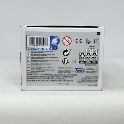 Embalagem branca com informações de segurança, código de barras e logótipo Funko