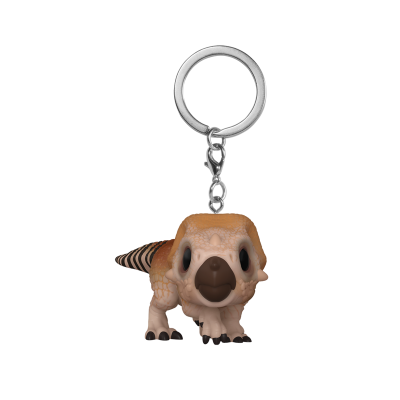 Chaveiro Funko Pop de dinossauro cinza e castanho com olhos pretos grandes