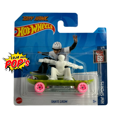 Brinquedo Hot Wheels Tony Hawk Skate Grom em embalagem azul com miniatura de skate e figura branca
