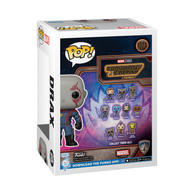 Caixa do brinquedo Funko Pop! Drax Guardians of the Galaxy com fundo roxo e azul e texto em inglês.