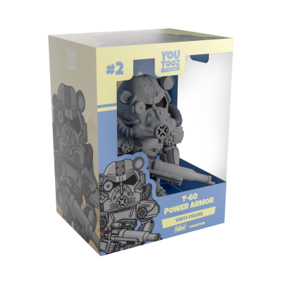 Figura de vinil T-60 Power Armor cinza em caixa azul e amarela com janela transparente