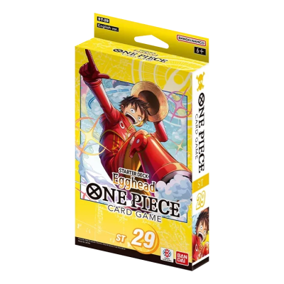 Embalagem amarela do jogo de cartas One Piece com personagem Egghead e texto promocional