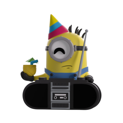 Figura de Minion amarela com chapéu de festa colorido e aparelhagem de som preta
