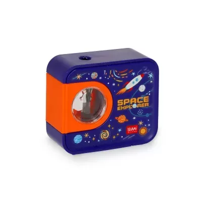 Aparador de lápis azul escuro e laranja com tema espacial e texto