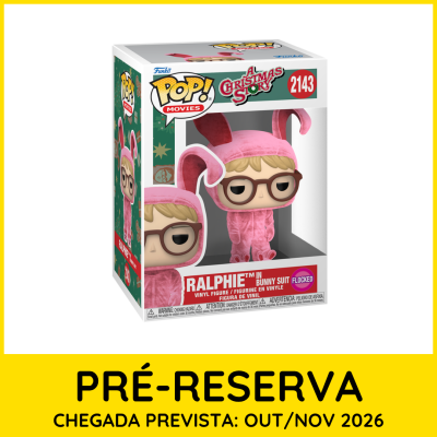 Funko Pop! Ralphie em fato de coelho cor-de-rosa na caixa com texto e cores distintivos.