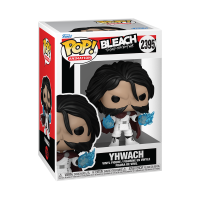 Funko Pop Vinyl Yhwach Bleach, figura em vinil com cabeça grande, roupa branca e capa vermelha, mãos com efeito de fogo azul, dentro da caixa da série Bleach.