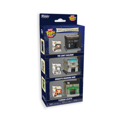 Conjunto de miniaturas Funko Bitty Pop Towns com três lojas de Harry Potter em embalagem azul