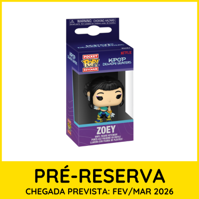 Chaveiro Funko Pop Vinil Zoey KPOP Demon Hunters em embalagem azul e roxa