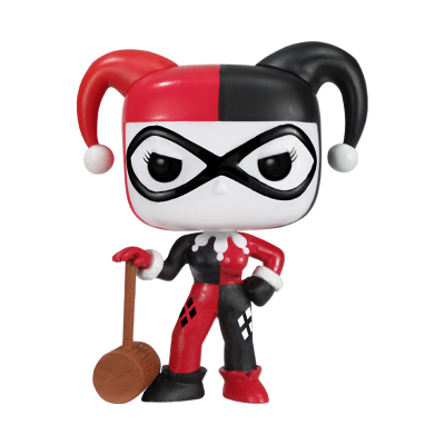 Figura Funko Pop da personagem Harley Quinn com traje vermelho e preto e martelo