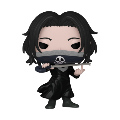 Figura Funko Pop com cabelo preto e máscara com caveira, segurando espada