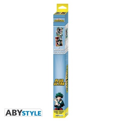 Embalagem azul e amarela com 12 posters de My Hero Academia