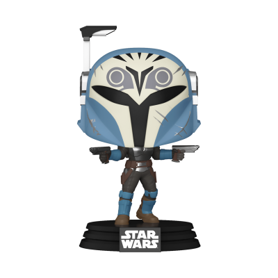 Figura POP Star Wars com capacete azul, roupa azul e marrom e base preta com logo