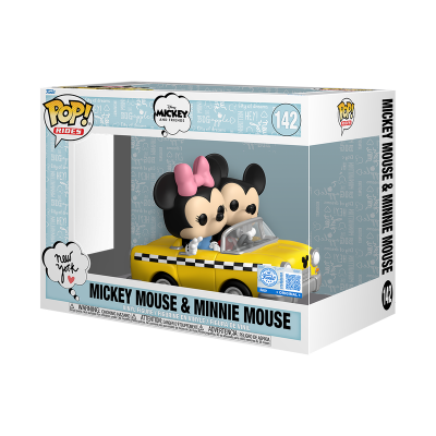 Bonecos Funko Pop Mickey e Minnie Mouse em carro táxi amarelo na caixa