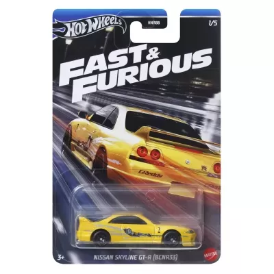 Brinquedo carro Hot Wheels Nissan Skyline GT-R amarelo na embalagem Fast & Furious