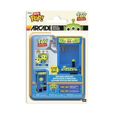Expositor de arcade Funko Pop! Bitty Toy Story azul e amarelo com aliens verdes, em embalagem
