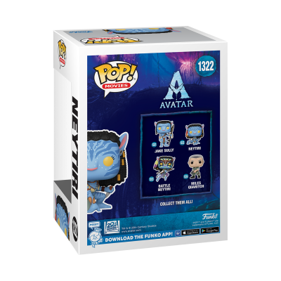 Caixa Funko Pop Neytiri do filme Avatar azul com outras personagens mostradas
