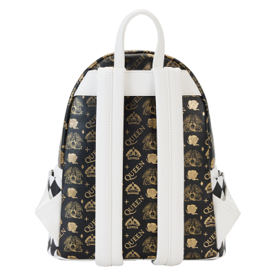 Mochila preta e branca com padrão dourado e alças brancas vista de trás