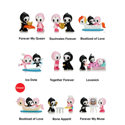 Figuras colecionáveis de personagens esqueléticos em poses diferentes com objetos temáticos e texto descritivo.