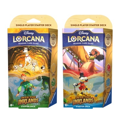 Duas caixas de baralhos Disney Lorcana, personagens e cores distintas, etiqueta 'Single-Player Starter Deck'