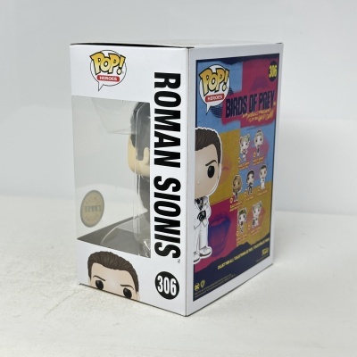 Embalagem de Funko Pop! Roman Sionis com janela transparente e texto colorido